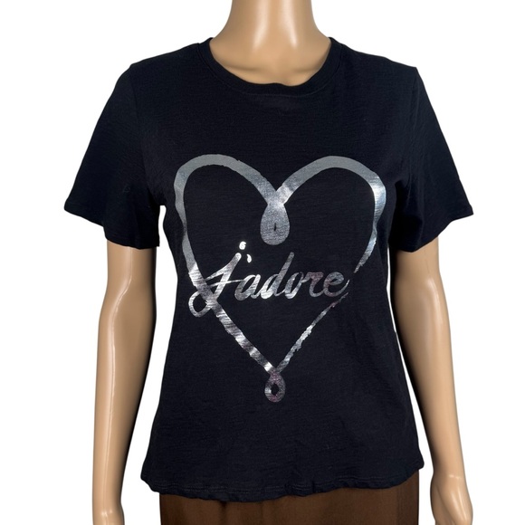 NWT New $115 Cinq á Sept Black Tee Foiled Jadore Heart Tee Size S - Picture 1 of 8